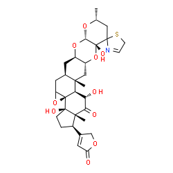 ChemSpider 2D Image | (1R,3aR,3bR,5aR,6aR,7aS,9R,11aR,12aR,13aS,13bS,14S,15aR)-3a,11a,14-Trihydroxy-9,13a,15a-trimethyl-1-(5-oxo-2,5-dihydro-3-furanyl)-2,3,3a,4a,5,5a,6,6a,7a,9,10,11a,12a,13,13a,13b,14,15a-octadecahydro-5'
H-spiro[cyclopenta[7,8]oxireno[8a,9]phenanthro[2,3-b]pyrano[3,2-e][1,4]dioxine-11,2'-[1,3]thiazol]-15(1H)-one | C31H39NO10S