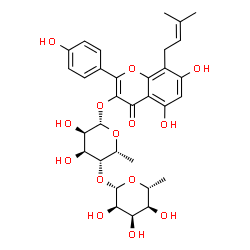 ChemSpider 2D Image | 5,7-Dihydroxy-2-(4-hydroxyphenyl)-8-(3-methyl-2-buten-1-yl)-4-oxo-4H-chromen-3-yl 6-deoxy-4-O-(6-deoxy-beta-D-allopyranosyl)-beta-D-gulopyranoside | C32H38O14
