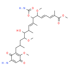 ChemSpider 2D Image | Methyl (2E,4E,8E)-15-(5-amino-2-methoxy-3,6-dioxo-1,4-cyclohexadien-1-yl)-7-(carbamoyloxy)-11-hydroxy-6,12-dimethoxy-2,8,10,14-tetramethyl-2,4,8-pentadecatrienoate | C30H44N2O10
