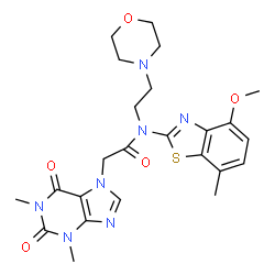 ChemSpider 2D Image | 2-(1,3-Dimethyl-2,6-dioxo-1,2,3,6-tetrahydro-7H-purin-7-yl)-N-(4-methoxy-7-methyl-1,3-benzothiazol-2-yl)-N-[2-(4-morpholinyl)ethyl]acetamide | C24H29N7O5S