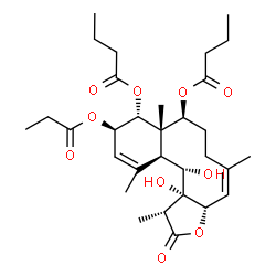 ChemSpider 2D Image | (1R,3aS,4Z,8S,8aS,9R,10R,12aS,13S,13aR)-13,13a-Dihydroxy-1,5,8a,12-tetramethyl-2-oxo-10-(propionyloxy)-1,2,3a,6,7,8,8a,9,10,12a,13,13a-dodecahydrobenzo[4,5]cyclodeca[1,2-b]furan-8,9-diyl dibutanoate | C31H46O10