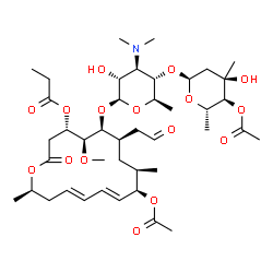 ChemSpider 2D Image | (4S,5S,6S,7R,9R,10R,11E,13E,16R)-10-Acetoxy-6-{[(2S,3R,4R,5S,6R)-5-{[(2S,4R,5S,6S)-5-acetoxy-4-hydroxy-4,6-dimethyltetrahydro-2H-pyran-2-yl]oxy}-4-(dimethylamino)-3-hydroxy-6-methyltetrahydro-2H-pyran
-2-yl]oxy}-5-methoxy-9,16-dimethyl-2-oxo-7-(2-oxoethyl)oxacyclohexadeca-11,13-dien-4-yl propanoate | C42H67NO16