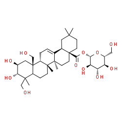 ChemSpider 2D Image | 1-O-[(2beta,3alpha,5xi,9beta,18alpha)-2,3,23,25-Tetrahydroxy-28-oxoolean-12-en-28-yl]-beta-D-glucopyranose | C36H58O11