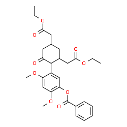 ChemSpider 2D Image | 5-[2,4-Bis(2-ethoxy-2-oxoethyl)-6-oxocyclohexyl]-2,4-dimethoxyphenyl benzoate  | C29H34O9