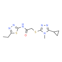 ChemSpider 2D Image | 2-[(5-Cyclopropyl-4-methyl-4H-1,2,4-triazol-3-yl)sulfanyl]-N-(5-ethyl-1,3,4-thiadiazol-2-yl)acetamide | C12H16N6OS2