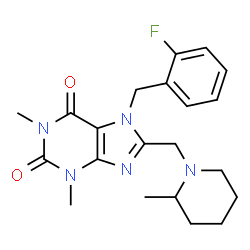 ChemSpider 2D Image | 7-(2-Fluorobenzyl)-1,3-dimethyl-8-[(2-methyl-1-piperidinyl)methyl]-3,7-dihydro-1H-purine-2,6-dione | C21H26FN5O2