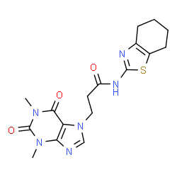 ChemSpider 2D Image | 3-(1,3-Dimethyl-2,6-dioxo-1,2,3,6-tetrahydro-7H-purin-7-yl)-N-(4,5,6,7-tetrahydro-1,3-benzothiazol-2-yl)propanamide | C17H20N6O3S