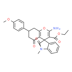 ChemSpider 2D Image | Ethyl 2-amino-7-(4-methoxyphenyl)-1'-methyl-2',5-dioxo-1',2',5,6,7,8-hexahydrospiro[chromene-4,3'-indole]-3-carboxylate | C27H26N2O6