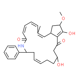 ChemSpider 2D Image | 15,18-Dihydroxy-19-methoxy-2-methyl-9-phenyl-9,10,13,14,15,16,20,20a-octahydrocyclopenta[i]azacyclononadecine-7,17(8H,19H)-dione | C29H35NO5