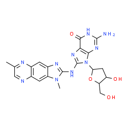 ChemSpider 2D Image | 2-Amino-9-(2-deoxypentofuranosyl)-8-[(1,6-dimethyl-1H-imidazo[4,5-g]quinoxalin-2-yl)amino]-1,9-dihydro-6H-purin-6-one | C21H22N10O4