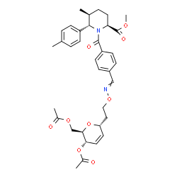 ChemSpider 2D Image | (1R)-4,6-Di-O-acetyl-1,5-anhydro-2,3-dideoxy-1-(2-{[(4-{[(2S,3S,6S)-6-(methoxycarbonyl)-3-methyl-2-(4-methylphenyl)-1-piperidinyl]carbonyl}benzylidene)amino]oxy}ethyl)-D-erythro-hex-2-enitol | C35H42N2O9