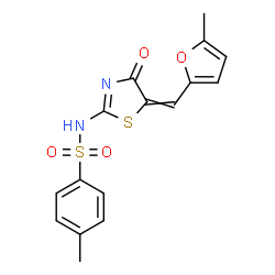 ChemSpider 2D Image | 4-Methyl-N-{5-[(5-methyl-2-furyl)methylene]-4-oxo-4,5-dihydro-1,3-thiazol-2-yl}benzenesulfonamide | C16H14N2O4S2