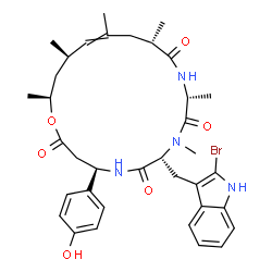 ChemSpider 2D Image | (4R,7R,10R,13S,17R,19S)-7-[(2-Bromo-1H-indol-3-yl)methyl]-4-(4-hydroxyphenyl)-8,10,13,15,17,19-hexamethyl-1-oxa-5,8,11-triazacyclononadec-15-ene-2,6,9,12-tetrone | C36H45BrN4O6