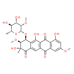 ChemSpider 2D Image | (1S,2S,3R)-3,10,12-Trihydroxy-2,8-dimethoxy-3-methyl-4,6,11-trioxo-1,2,3,4,6,11-hexahydro-1-tetracenyl 6-deoxy-2-O-methyl-beta-D-mannopyranoside | C28H30O13