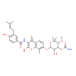 ChemSpider 2D Image | (3R,4R,6R)-5-Hydroxy-6-[(2-hydroxy-3-{[4-hydroxy-3-(3-methyl-2-buten-1-yl)benzoyl]amino}-8-methyl-4-oxo-4H-chromen-7-yl)oxy]-3-methoxy-2,2-dimethyltetrahydro-2H-pyran-4-yl carbamate (non-preferred nam
e) | C31H36N2O11