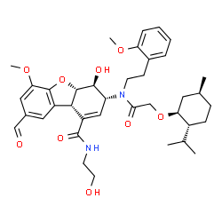 ChemSpider 2D Image | (3R,4S,4aS,9bS)-8-Formyl-4-hydroxy-N-(2-hydroxyethyl)-3-{({[(1S,2R,5S)-2-isopropyl-5-methylcyclohexyl]oxy}acetyl)[2-(2-methoxyphenyl)ethyl]amino}-6-methoxy-3,4,4a,9b-tetrahydrodibenzo[b,d]furan-1-carb
oxamide | C38H50N2O9