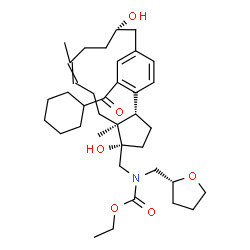 ChemSpider 2D Image | Ethyl {[(2S,5S,6S,13S)-17-(cyclohexylcarbonyl)-5,13-dihydroxy-6,10-dimethyltricyclo[13.2.2.0~2,6~]nonadeca-1(17),9,15,18-tetraen-5-yl]methyl}[(2R)-tetrahydro-2-furanylmethyl]carbamate | C37H55NO6