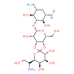 ChemSpider 2D Image | (3'R,3aS,4R,4'S,5'R,6S,6'R,7S,7aR)-6-{[(1R,2S,3R,5S,6R)-3-Amino-2,6-dihydroxy-5-(methylamino)cyclohexyl]oxy}-6'-[(1R)-1-amino-2-hydroxyethyl]-4-(hydroxymethyl)octahydro-4H-spiro[1,3-dioxolo[4,5-c]pyra
n-2,2'-pyran]-3',4',5',7-tetrol | C20H37N3O13