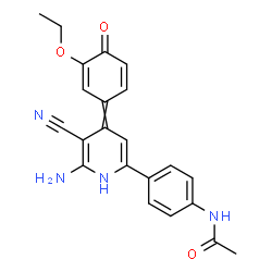 ChemSpider 2D Image | N-{4-[6-Amino-5-cyano-4-(3-ethoxy-4-oxo-2,5-cyclohexadien-1-ylidene)-1,4-dihydro-2-pyridinyl]phenyl}acetamide | C22H20N4O3