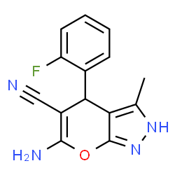 ChemSpider 2D Image | 6-Amino-4-(2-fluorophenyl)-3-methyl-2,4-dihydropyrano[2,3-c]pyrazole-5-carbonitrile | C14H11FN4O