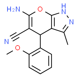 ChemSpider 2D Image | 6-amino-4-(2-methoxyphenyl)-3-methyl-2H,4H-pyrano[2,3-c]pyrazole-5-carbonitrile | C15H14N4O2