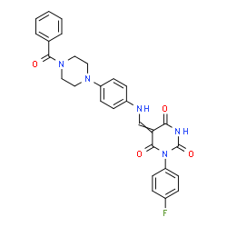 ChemSpider 2D Image | 5-({[4-(4-Benzoyl-1-piperazinyl)phenyl]amino}methylene)-1-(4-fluorophenyl)-2,4,6(1H,3H,5H)-pyrimidinetrione | C28H24FN5O4