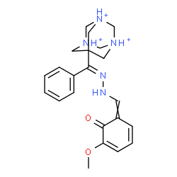 ChemSpider 2D Image | 7-[(E)-{[(5-Methoxy-6-oxo-2,4-cyclohexadien-1-ylidene)methyl]hydrazono}(phenyl)methyl]-1,3,5-triazoniatricyclo[3.3.1.1~3,7~]decane | C22H28N5O2