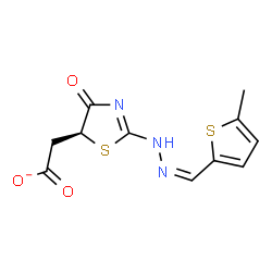ChemSpider 2D Image | [(5S)-2-{(2Z)-2-[(5-Methyl-2-thienyl)methylene]hydrazino}-4-oxo-4,5-dihydro-1,3-thiazol-5-yl]acetate | C11H10N3O3S2