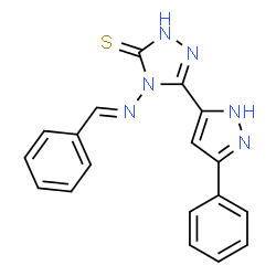 ChemSpider 2D Image | 4-[(E)-Benzylideneamino]-5-(3-phenyl-1H-pyrazol-5-yl)-2,4-dihydro-3H-1,2,4-triazole-3-thione | C18H14N6S
