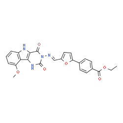 ChemSpider 2D Image | Ethyl 4-(5-{(E)-[(9-methoxy-2,4-dioxo-1,2,4,5-tetrahydro-3H-pyrimido[5,4-b]indol-3-yl)imino]methyl}-2-furyl)benzoate | C25H20N4O6