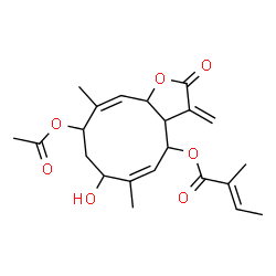 ChemSpider 2D Image | 9-Acetoxy-7-hydroxy-6,10-dimethyl-3-methylene-2-oxo-2,3,3a,4,7,8,9,11a-octahydrocyclodeca[b]furan-4-yl (2E)-2-methyl-2-butenoate | C22H28O7