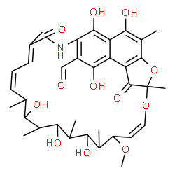 ChemSpider 2D Image | 2,13,15,17,27,29-Hexahydroxy-11-methoxy-3,7,12,14,16,18,22-heptamethyl-6,23-dioxo-8,30-dioxa-24-azatetracyclo[23.3.1.1~4,7~.0~5,28~]triaconta-1(29),2,4,9,19,21,25,27-octaene-26-carbaldehyde | C36H45NO12