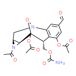 ChemSpider 2D Image | (8R,10S,12S)-11-Acetyl-8-[(carbamoyloxy)methyl]-4-formyl-14-oxa-1,11-diazatetracyclo[7.4.1.0~2,7~.0~10,12~]tetradeca-2,4,6-triene-6,9-diyl diacetate | C20H21N3O9
