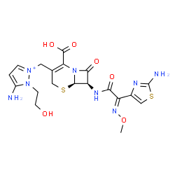 ChemSpider 2D Image | 5-Amino-2-{[(6R,7R)-7-{[(2E)-2-(2-amino-1,3-thiazol-4-yl)-2-(methoxyimino)acetyl]amino}-2-carboxy-8-oxo-5-thia-1-azabicyclo[4.2.0]oct-2-en-3-yl]methyl}-1-(2-hydroxyethyl)-1H-pyrazol-2-ium | C19H23N8O6S2