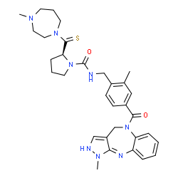 ChemSpider 2D Image | (2S)-2-[(4-Methyl-1,4-diazepan-1-yl)carbonothioyl]-N-{2-methyl-4-[(1-methyl-2,4-dihydropyrazolo[3,4-b][1,5]benzodiazepin-5(1H)-yl)carbonyl]benzyl}-1-pyrrolidinecarboxamide | C32H40N8O2S