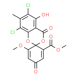 ChemSpider 2D Image | Methyl 6,8-dichloro-5-hydroxy-6'-methoxy-7-methyl-4,4'-dioxo-4H-spiro[1,3-benzodioxine-2,1'-cyclohexa[2,5]diene]-2'-carboxylate | C17H12Cl2O8