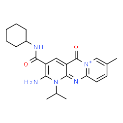 ChemSpider 2D Image | 2-Amino-3-(cyclohexylcarbamoyl)-1-isopropyl-8-methyl-5-oxo-1,5-dihydrodipyrido[1,2-a:2',3'-d]pyrimidin-6-ium | C22H28N5O2
