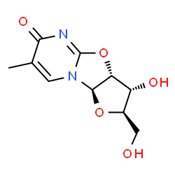 ChemSpider 2D Image | (2R,3R,3aR,9aR)-3-Hydroxy-2-(hydroxymethyl)-7-methyl-2,3,3a,9a-tetrahydro-6H-furo[2',3':4,5][1,3]oxazolo[3,2-a]pyrimidin-6-one | C10H12N2O5
