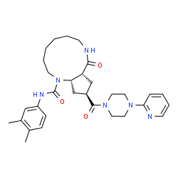 ChemSpider 2D Image | (9aR,11R,12aS)-N-(3,4-Dimethylphenyl)-9-oxo-11-{[4-(2-pyridinyl)-1-piperazinyl]carbonyl}dodecahydrocyclopenta[b][1,5]diazacycloundecine-1(2H)-carboxamide | C31H42N6O3