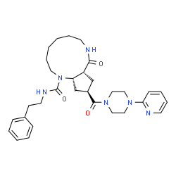 ChemSpider 2D Image | (9aR,11R,12aS)-9-Oxo-N-(2-phenylethyl)-11-{[4-(2-pyridinyl)-1-piperazinyl]carbonyl}dodecahydrocyclopenta[b][1,5]diazacycloundecine-1(2H)-carboxamide | C31H42N6O3