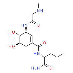 ChemSpider 2D Image | N~2~-({(3R,4R,5R)-4,5-Dihydroxy-3-[(N-methylglycyl)amino]-1-cyclohexen-1-yl}carbonyl)-D-leucinamide | C16H28N4O5