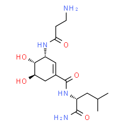 ChemSpider 2D Image | N~2~-{[(3R,4R,5R)-3-(beta-Alanylamino)-4,5-dihydroxy-1-cyclohexen-1-yl]carbonyl}-D-leucinamide | C16H28N4O5