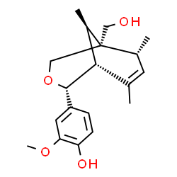 ChemSpider 2D Image | 4-[(1R,2R,5R,6R,9R)-5-(Hydroxymethyl)-6,8,9-trimethyl-3-oxabicyclo[3.3.1]non-7-en-2-yl]-2-methoxyphenol | C19H26O4