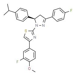 ChemSpider 2D Image | 4-(3-Fluoro-4-methoxyphenyl)-2-[(5R)-3-(4-fluorophenyl)-5-(4-isopropylphenyl)-4,5-dihydro-1H-pyrazol-1-yl]-1,3-thiazole | C28H25F2N3OS