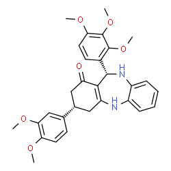 ChemSpider 2D Image | (3S,11S)-3-(3,4-Dimethoxyphenyl)-11-(2,3,4-trimethoxyphenyl)-2,3,4,5,10,11-hexahydro-1H-dibenzo[b,e][1,4]diazepin-1-one | C30H32N2O6