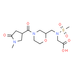 ChemSpider 2D Image | N-({4-[(1-Methyl-5-oxo-3-pyrrolidinyl)carbonyl]-2-morpholinyl}methyl)-N-(methylsulfonyl)glycine | C14H23N3O7S