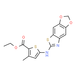 ChemSpider 2D Image | Ethyl 5-([1,3]dioxolo[4,5-f][1,3]benzothiazol-6-ylamino)-3-methyl-2-thiophenecarboxylate | C16H14N2O4S2