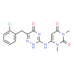 ChemSpider 2D Image | 6-{[6-(2-Chlorobenzyl)-5-oxo-2,5-dihydro-1,2,4-triazin-3-yl]amino}-1,3-dimethyl-2,4(1H,3H)-pyrimidinedione | C16H15ClN6O3