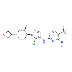 ChemSpider 2D Image | N~2~-{5-Chloro-1-[(3R,4S)-3-fluoro-1-(3-oxetanyl)-4-piperidinyl]-1H-pyrazol-4-yl}-N~4~-methyl-5-(trifluoromethyl)-2,4-pyrimidinediamine | C17H20ClF4N7O