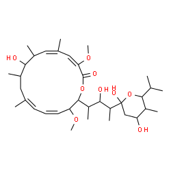 ChemSpider 2D Image | 2,4-Dideoxy-1-C-{3-hydroxy-4-[(4Z,6Z,12Z,14E)-10-hydroxy-3,15-dimethoxy-7,9,11,13-tetramethyl-16-oxooxacyclohexadeca-4,6,12,14-tetraen-2-yl]-2-pentanyl}-5-isopropyl-4-methylpentopyranose | C35H58O9